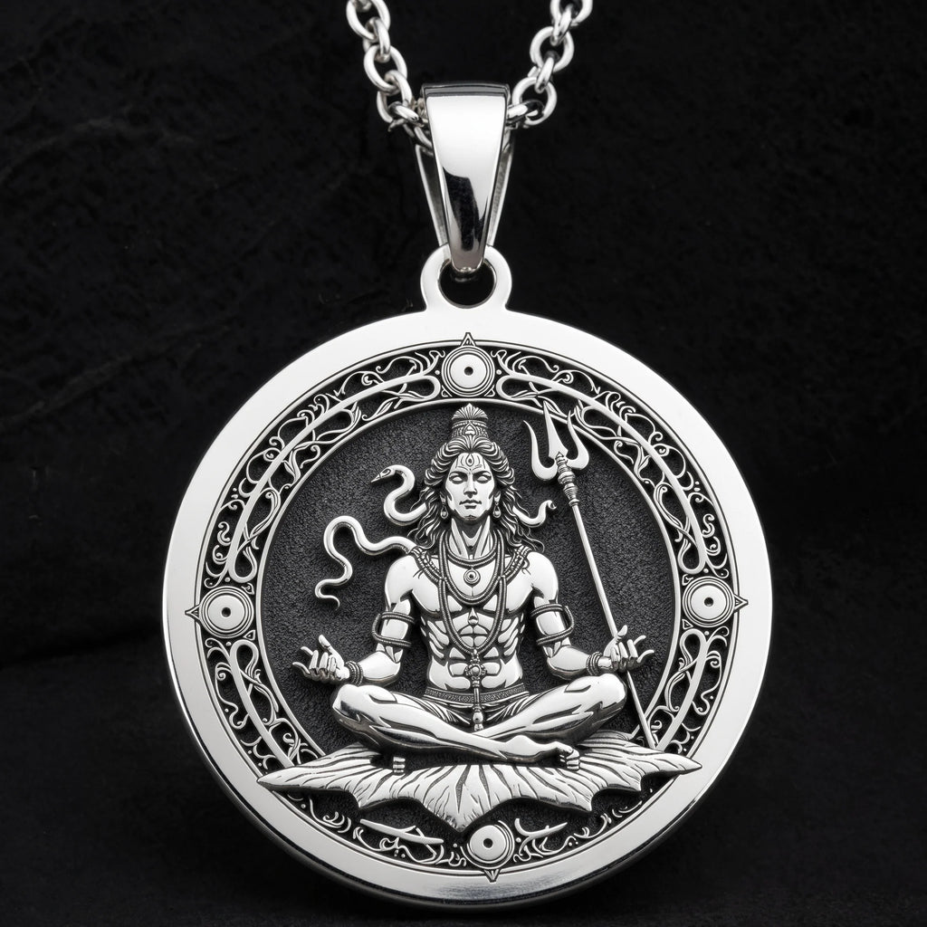 Shiva God Coin Pendant Necklace | Silver & Plated Options - Spiritual Protection Hindu Mythology