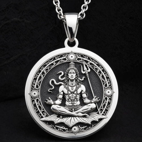Shiva God Coin Pendant Necklace | Silver & Plated Options - Spiritual Protection Hindu Mythology